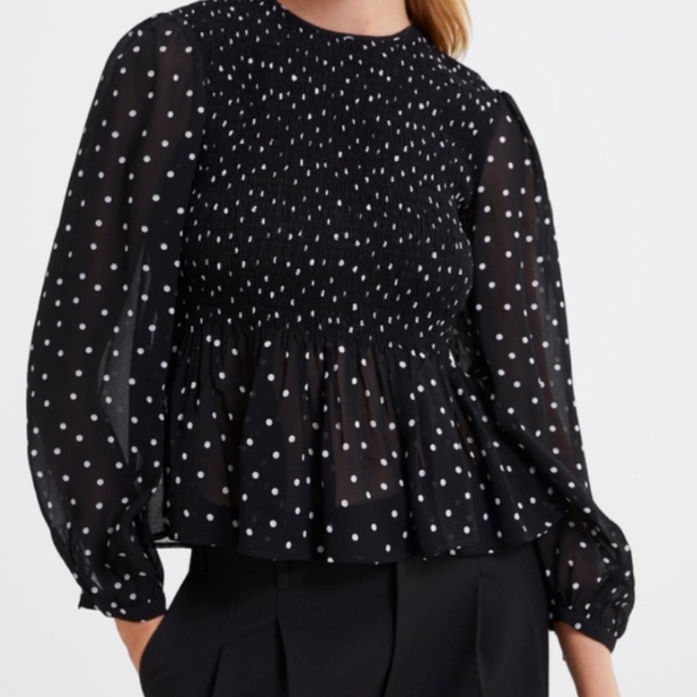 Zara Black and White Polka Dot Smocked Peplum Blouse Size Small